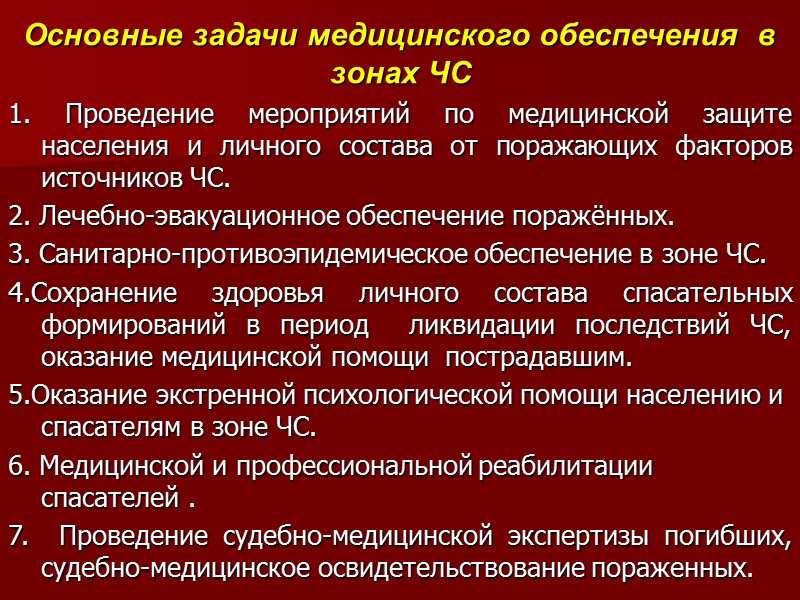 Основные задачи медицинского обеспечения  в зонах ЧС 1. Проведение мероприятий по медицинской защите